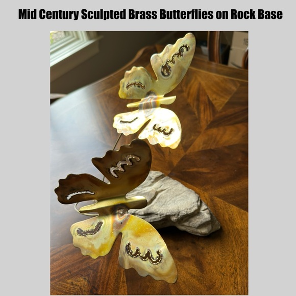 ‼️RARE VINTAGE‼️ Mid Century Brass Sculpted Butterflies on Rock Base - Picture 1 of 4